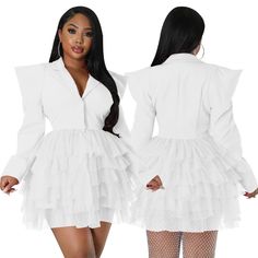 Yipinpay Women Notched Neck Puff Long Sleeve Mesh Cascading Ruffles Single Breasted Big Swing Blazer Dress Elegant Chic Vestidos – yipinpay White Long Sleeve Dress With Ruffled Skirt, White Peplum Dresses With Ruffles, White Peplum Dress With Ruffles, Tiered Mini Dress For Fall Party, White Ruffled Mini Dress For Fall, White Tiered Dress For Fall, Blazer Dress Women, Patchwork Blazer, Ankara Dresses