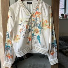 Never Worn!!! Silk Bomber Jacket With Floral Serial White Floral Print Winter Outerwear, White Spring Outerwear For Day Out, White Casual Outerwear For Spring, White Floral Print Outerwear For Fall, White Spring Outerwear For Brunch, Spring Cream Outerwear With Floral Print, Cream Floral Print Outerwear For Spring, Sleeve Detail, Bomber Jacket