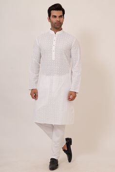 all over paired with contrast white pyjama.  MateriWhite kurta with chikankari embroideryal: Cotton Tags: Kurtha,Payjama,Mens Indian wear,Indian mens clothing,mens wear online,online kurtas,online kurthas,kurtas collection,south Indian mens wear,south Indian clothing,mens traditional wear.,mens kurtha payjama. Note: Colors may slightly vary due to photographic lighting. Please contact us if you have any questions via email,social media,text or whatsapp message on 425-698-9400. Eid Cotton Salwar Kameez With Cutwork, White Dabka Sets For Diwali, White Long Sleeve Sets For Diwali, White Long Sleeve Set For Diwali, White Straight Kurta Set Casual Style, White Dabka Kurta For Festive Occasions, White Cotton Traditional Wear With Long Sleeves, White Dabka Kurta For Diwali, White Dabka Straight Kurta