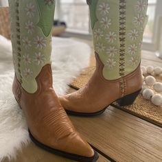 Barely Worn, Lane Embroidered Boots. Saddle Brown Base With Peridot Green Upper Embroidered With Flowers And Brown Accent Stitching. 2 1/2” Heel. Pointed Toe. Embroidered Cowboy Boots, Embroidered Boots, Peridot Green, Saddle Brown, Boots Shoes, Shoes Heels Boots, Cowboy Boots, Saddle, Shoes Women Heels