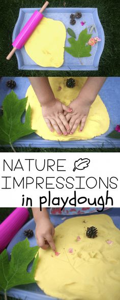 the process to make nature impressionss in playdouh is shown with hands and fingers