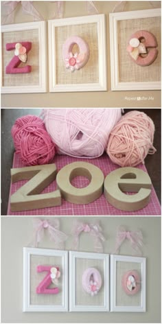 some pictures with yarn and numbers on them in different colors, including pinks and browns