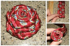 four pictures showing how to make a fabric flower