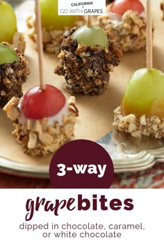 three - way grapes dipped in chocolate, caramel and cherries or white chocolate