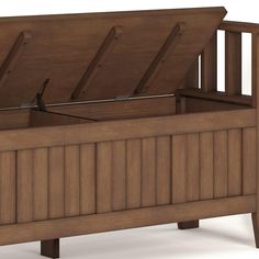 a wooden bed frame with an open storage compartment on the top and bottom sides,