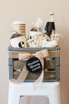 a wooden crate filled with different types of items