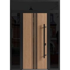 an image of a wooden door with metal handles on the front and side doors to both sides