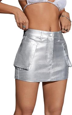 Get ready to add some edge to your wardrobe with our Metallic Silver Cargo Pocket Style Mini Skirt! Made with a stunning metallic silver fabric, this mini skirt features trendy cargo pockets that add both style and functionality. Perfect for any occasion, this skirt will elevate your outfit and keep you stylish all day long. 76% Viscose,21% Polyamide,3% Elastane Machine Wash Features: high waist, with flap pocket, zipper fly, slim fit, bodycon shape, cargo style, metallic mini denim skirt for women Fabric is very stretchy,and it's soft and comfortable Occasion: weekend casual, office wear, holidays or daily life Brand Size Dress Bust Waist Hip XS 0-2 31-32.5'' 23-24'' 31-34" S 4--6 33-35'' 25-26'' 35-37" M 8--10 35-36'' 27-28'' 38-39" L 12--14 38-40'' 29-31'' 40-42" XL 14-16 40-42'' 33.5-3 Style Mini Skirt, Mini Denim Skirt, Luxury Winter, Winter Knit Hats, Silver Fabric, Pink Faux Fur, Denim Skirt Women, Cargo Style, Cargo Pocket