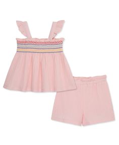 The perfect addition to her warm-weather lineup, this girls' Pink smocked top and coordinating pull-on shorts gauze set is sure to make her smile. 100% Cotton Imported Machine washable cold and tumble dry low Summer Playwear Tops With Elastic Waistband, Cute Spring Sets With Elastic Waistband, Pink Cotton Short Set For Beach, Spring Playwear Short Set, Spring Short Set For Playwear, Summer Cotton Smocked Top With Elastic Waistband, Summer Smocked Cotton Top With Elastic Waistband, Pink Short Set For Summer Playwear, Pink Spring Short Set For The Beach