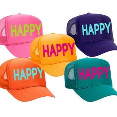 HAPPINESS IS A CHOICE....and it is much easier to choose with one of these happy, colorful trucker hats ;) Please note, these items are custom made to order, and will take approximately 1 week to create your custom hat This hat is a foam front, mesh back trucker hat with an adjustable snap back closure and matching color sweatband. Fun Multicolor Customizable Hats, Fun Orange Trucker Hat One Size Fits Most, Fun Orange Trucker Hat, Fun Snapback Trucker Hat, Colorful Fun Hat, One Size Fits Most, Fun Orange Snapback Hat, Playful Multicolor Snapback Trucker Hat, Multicolor Fun Snapback Trucker Hat, Playful Multicolor Trucker Hat