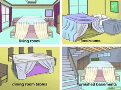 four different rooms with beds, tables and chairs labeled in the following pictures are shown