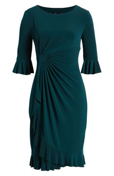 Stretch-enhanced fabric offers desk-to-dinner comfort in a dress framed by ruffled sleeves and finished with front pleats for a gathered affect. 40" length (size 8) Jewel neck Elbow-length sleeves Partially lined 100% polyester Machine wash, tumble dry Imported Green Formal Dress With Pleated Sleeves, Elegant Green Midi Dress With Pleated Sleeves, Elegant Fitted Dress With Folds, Green Pleated Sleeve Dress For Work, Green Workwear Dress With Pleated Sleeves, Fitted Green Midi Dress With Draped Sleeves, Elegant Pleated Stretch Midi Dress, Elegant Stretch Pleated Midi Dress, Formal Pleated Draped Dress