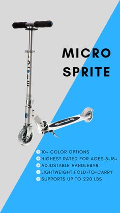 the micro sprinte scooter is shown in blue and white, with instructions on how to use it