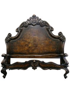 an old wooden bed frame with ornate carvings on the headboard and foot board, isolated against a white background