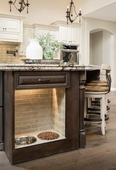 a kitchen with a dog bowl in the middle