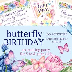 Butterfly birthday party for 5 to 8 year olds. Do activities, earn butterfly money. What is your butterfly name printable, butterfly money, roll the butterflies game. Spa Party Games, Butterfly Party Invitations, Birthday Party Planner, Slumber Party Games, Butterfly Birthday Party, Spa Birthday Parties, Birthday Money, Party Plan, Summer Birthday Party