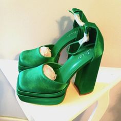 Kelly Green Satin Platform With 6" Heel And 2" Double Layer Square Platform Front With Ankle Buckle Strap . Green 4-inch Heels For Night Out, Green Ankle Strap Heels For Night Out, Green Chunky Platform Heels With Closed Toe, Green Chunky Platform Heels For Spring, Green Platform Heels With Ankle Strap, Green Heels With 4-inch Heel For Night Out, Green Platform Heels With Closed Toe, Satin Platform Heels, Green Platform