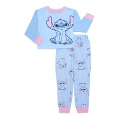 Let her snuggle up with her favorite extraterrestrial in our Girls' Disney Stitch Pajama Set. This adorable set includes a long sleeve top with a vibrant graphic print of Stitch, adding a playful touch to her bedtime routine. This matching pajama pants feature an allover print of Stitch, creating a coordinated and fun look. Perfect for any Lilo and Stitch fan, it's the ultimate choice for dreamy sleepovers and cozy nights at home. Size: 4/5.  Color: Blue.  Gender: female.  Age Group: kids. Stitch Pjs, Bedroom 2025, Stitch Pajamas, Stitch Clothing, Disney Baby Clothes, Matching Pajama, Graphic Print Top