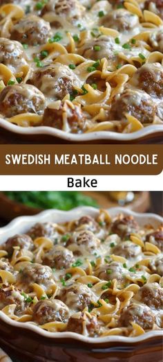 two pictures showing different types of meatball noodle casserole