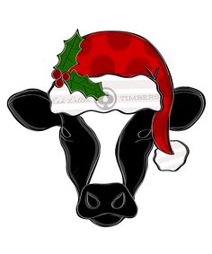 a cow wearing a santa hat with holly berries on it's head and nose