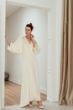 Vivienne Floor Length Dress With Train / Empire Waist Satin - Etsy Vietnam Silk V-neck Dress With Gathered Sleeves, Beige Silk V-neck Dress, Cream Silk V-neck Maxi Dress, Elegant V-neck Kimono For Spring, Beige V-neck Maxi Dress For Wedding, Wedding Gown With Draped Sleeves And V-neck, Elegant V-neck Kimono For Wedding, Elegant V-neck Wedding Kimono, Fitted Maxi Length Kimono