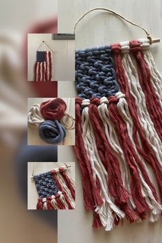 an american flag made out of yarn is hanging on the wall, and it's red white and blue