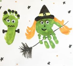 two handprints that look like witches and one with orange hair, wearing a witch's hat