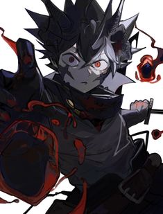 an anime character with black hair and red eyes holding a knife in one hand, while wearing