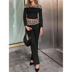 -Item Id 40818654 -Neckline: Round Neck -Sleeve Type: Regular Sleeve -Style: Casual -Color: Black -Pattern Type: Colorblock, Leopard Print, Textured Pattern -Tops Sleeve Length: Long Sleeve -Pants Length: Long -Tops Length: Regular -Pants & Tops Material: Knitted Fabric -Top Type: Women Tops -Pants & Tops Composition: 95% Polyester, 5% Elastane -Bottom Type: Pants -Pants Body: Unlined -Temperature: Spring/Fall (18-25/63-77) -Fit Type: Regular Fit -Fabric: Medium Stretch -Care Instructions: Machi Fitted Matching Set For Workwear, Chic Black Long Sleeve Set, Trendy Two-piece Workwear Set, Black Long Sleeve Matching Set, Black Matching Set With Long Sleeves, Black Stretch Workwear Sets, Stretch Black Sets For Workwear, Stretch Two-piece Workwear Sets, Stretch Two-piece Sets For Workwear