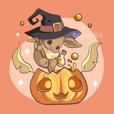 a dog in a witches hat sitting on top of a pumpkin