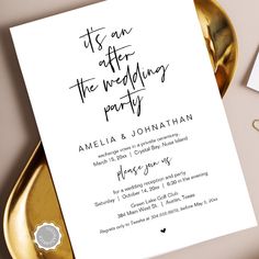 the wedding party card is on top of a gold tray and next to it's envelope