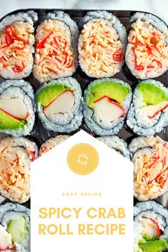 a tray filled with sushi rolls covered in rice and vegetables on top of a marble counter