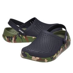 Color: Black/Camo Unisex Pull On Construction Waterproof Literide Foam Footbeds Flexible Matlite Uppers Croslite Foam Outsoles No Trades Free Gift W/Purchase Same-Day Shipping Eyeit-Buyit Black Slip-resistant Clogs For Summer, Black Casual Waterproof Clogs, Casual Black Clogs With Removable Insole, Online Sneaker Store, Crocs Literide, Winding Path, Classic Sandals, Crocs Black, Crocs Men