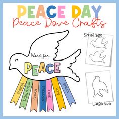 a peace day poster with the words peace dove crafts on it and an image of a bird