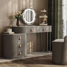 an elegant dressing table with mirror, stool and chair in a room that has large windows