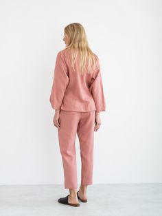 "DELILAH is a linen kimono wrap top. DETAILS - Long wide sleeves - Front side tie closure - 100% lightweight European linen fabric - Cut and sewn to order just for you in our studio COLOR - Salmon Pink, you can also choose other colors above - Fabric samples are available here https://www.etsy.com/listing/586569696/linen-fabric-samples SIZING & FIT - Relaxed, loose fit - Length is approximately 26.5 inches / 67 cm - Bust is approximately 19 inches / 48 cm - Measurements taken from a size S - Long Sleeve Linen Kimono For Loungewear, Kimono Wrap Top, Linen Kimono, Studio Color, Kimono Wrap, Linen Clothing, European Linens, Salmon Pink, Kimono Jacket