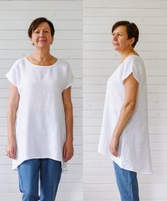 "Simple linen top with extended back, short sleeves and crew neckline. Fits very well with pants, leggings or skirts! Handmade from washed and soft medium weight 100% linen. DESCRIPTION: -High quality European linen (OEKO-TEX certified); -Color on model: white and black (other colors please choose on the right); -Medium weight linen; -Not transparent; -Softened; -Doesn't shrink anymore; -No need to iron. SIZES: For perfect fit please send us your bust and hip measurements when ordering! We will Casual Crew Neck Tunic For Summer, Casual Summer Tunic With Crew Neck, Summer Lagenlook Short Sleeve Blouse, White Short Sleeve Casual Tunic, Lagenlook Short Sleeve Blouse In Relaxed Fit, Linen Lagenlook Tunic With Short Sleeves, Spring Short Sleeve Linen Tunic, Casual Oversized Short Sleeve Tunic, Casual Short Sleeve Summer Tunic