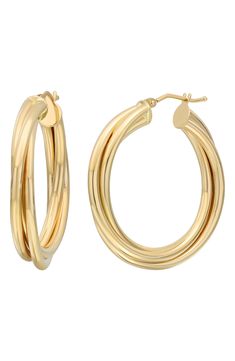 A twisted silhouette brings a contemporary look to these handcrafted hoop earrings. 1 1/4" hoop diameter Snap-post closure 14k gold Made in Italy Twisted Yellow Gold Hoop Earrings, Tarnish Resistant, Modern Twist Hoop Jewelry With Polished Finish, Twisted 14k Yellow Gold Hoop Earrings, Yellow Gold Hoop Earrings With A Modern Twist, Modern Twist Yellow Gold Hoop Earrings, Modern Twisted Jewelry With Polished Finish, Modern Twist Small Hoop Earrings In Yellow Gold, Modern Twist Hoop Earrings For Formal Occasions, Elegant Twisted Jewelry With Polished Finish