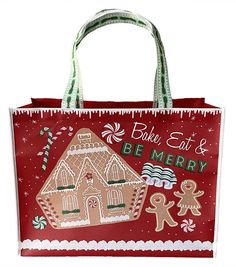 a red bag with gingerbread house and candy canes on the front that says baker, eat & be merry