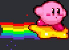 an image of a pixel art pig with a rainbow in the back ground and on top of it