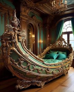 an ornate bed with green pillows in a room that looks like it has been painted gold