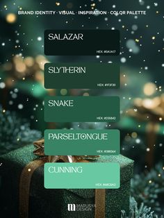 an image of a christmas present box with the words salazr, slyferin, snake, parseltonique, and cunning