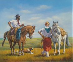 two men riding horses in a field with a dog on the ground next to them