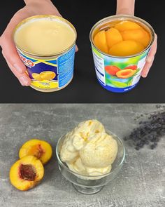 two pictures with ice cream and peaches in them