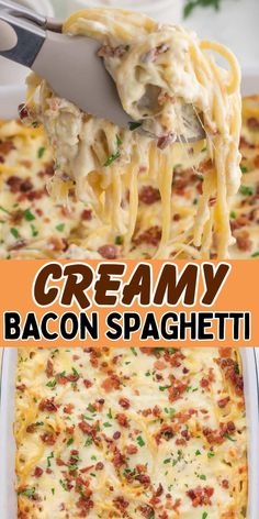 this creamy bacon spaghetti casserole is loaded with cheese and meat