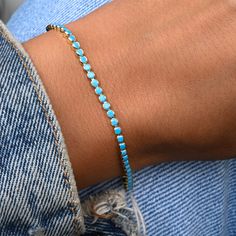 "Super chic bracelet, that is beautiful and minimalist. Featuring Turquoise Stones, this bracelet looks amazing layered or by itself. Adds a nice touch of color, while still being classy! - - D E T A I L S - - ▪︎ Made of 925 Sterling Silver ▪︎ Thick plating of 14k Gold or Rhodium plated ▪︎ Two sizes available: 6.25\" or 6.75\" + .5\" Extension ▪︎ 3mm Bezel ▪︎ Lobster Clasp Closure ▪︎ Nickel-free and Hypoallergenic ▪︎ Highest Grade Lab Created Turquoise Stones for an authentic look ▪︎ Also availa Gold Minimalist Jewelry, Silver Opal Ring, Bracelet Tennis, Chic Bracelet, Opal Ring Gold, Bracelet Dainty, Minimalist Bracelet, Turquoise Stones, Dainty Bracelets