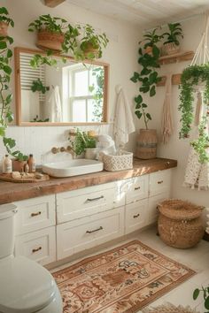 a bathroom with plants hanging on the wall and a rug in front of it,