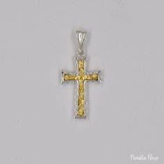 Sterling silver decorative cross with natural gold nugget inlay, found in the streams of Alaska, are individually welded into place. Small pendant loop with complimentary silver plated chain included with purchase. 925 silver. Handmade, with love, in Mount Vernon, WA USA. Thanks for visiting! *Natural Gold Nuggets will vary in size and shape, as no two are alike* Yellow Cross Jewelry Gift, Yellow Cross Jewelry For Gift, Elegant 14k Gold Nugget Necklace, Luxury Gold Nugget Necklace, Nugget-shaped Polished Jewelry As Gift, Polished Yellow Gold Nugget Jewelry, Gold Nugget Pendant, Natural Gold Nugget, Decorative Cross