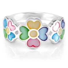 * STAMPED 925 STERLING SILVER - This beautiful flower ring is made from the finest sterling silver as hallmarked with the 925 metal stamp. 925 sterling silver is made from 92.5% silver and 7.5% copper. The copper is added to stabilize the silver so that it can hold its beautiful shape and inlaid with multi-colored mother of pearl for a beautiful look. * NICKEL AND LEAD FREE - This beautiful ring is designed with absolutely no nickel or lead, making it safe for girls and women with nickel and lea Sterling Silver Jewelry With 3d Flowers In Silver, Silver Sterling Silver Enamel Promise Ring, Multicolor Flower Ring As A Gift, 925 Stamped Flower Shaped Ring For Anniversary, Multicolor Flower Ring For Gift, White Sterling Silver Flower Ring, Sterling Silver Flower Ring In White Gold, Sterling Silver Jewelry With 3d Flower Design, Sterling Silver Flower Shape Promise Ring