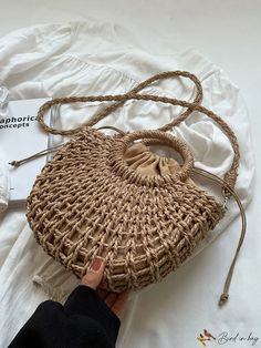 BirdinBag - Stylish Drawstring Straw Bag with Twilly Scarf Decor - Ideal for Summer Beach Travel Beach Summer Mobile Phone Bag, Beige Beach Bag With Mobile Phone Bag, Beige Beach Bag With Mobile Phone Holder, Beige Straw Beach Bag With Phone Holder, Beach Straw Shoulder Bag With Mobile Phone Pocket, Summer Beach Bag With Mobile Phone Bag In Beige, Summer Beach Bag With Mobile Phone Holder In Beige, Woven Pouch Satchel For Vacation, Vacation Tote Shoulder Bag With Mobile Phone Bag